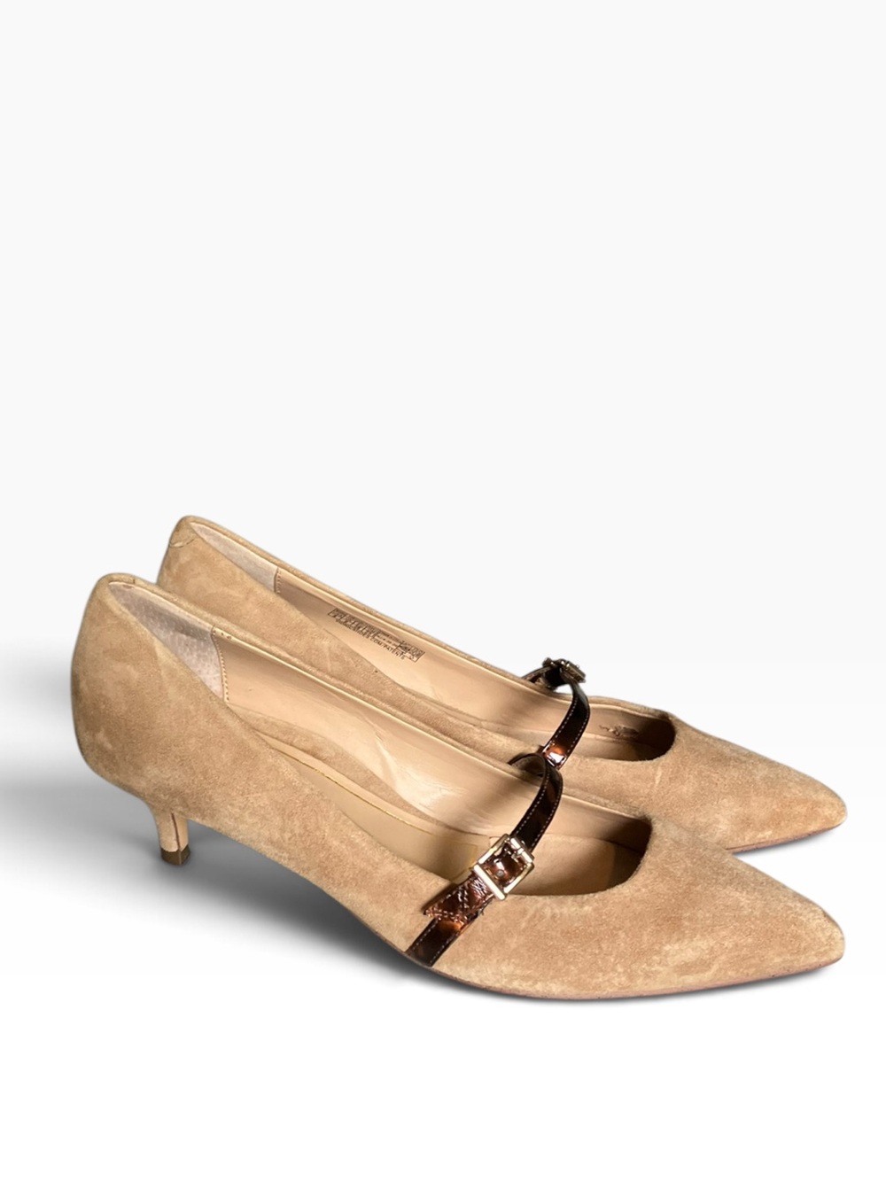 Vionic Kit Minnie Tortoise Strap Kitten Heels Camel Beige Suede Mary Jane Size 8